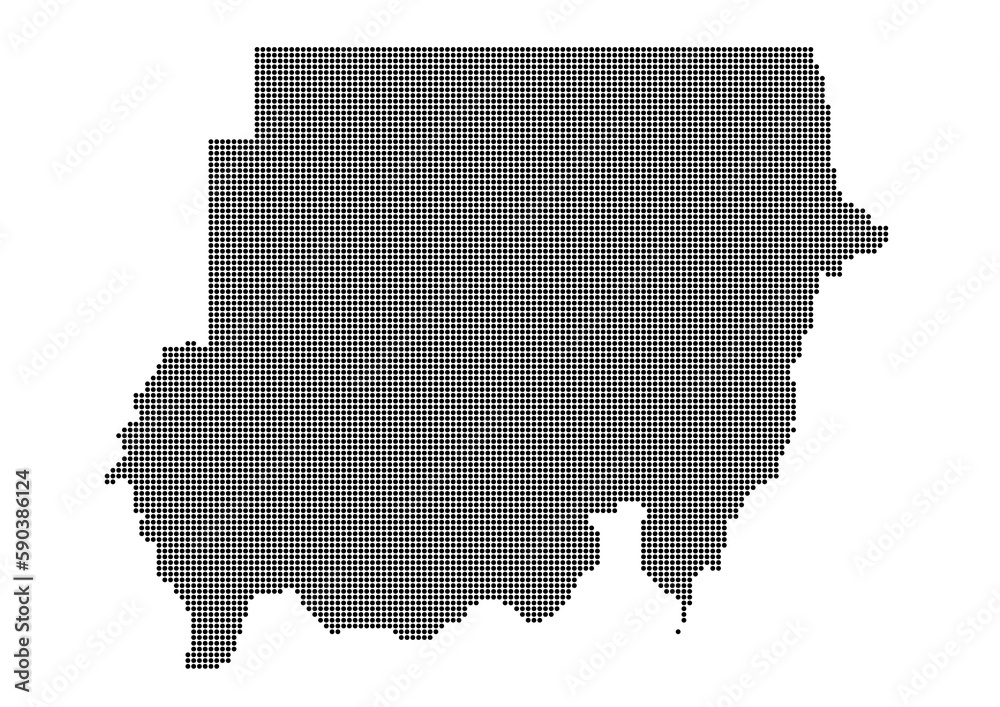 An abstract representation of Sudan,Sudan map made using a mosaic of black dots. Illlustration suitable for digital editing and large size prints. 
