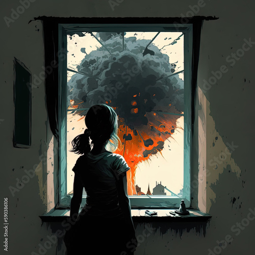 A Girl Observing the Devastation of an Atomic Bomb Through a Window After the Blast. Generative ai.