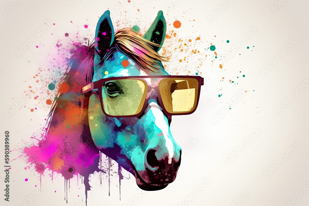 Fototapeta premium horse in sunglasses realistic with paint splatter abstract