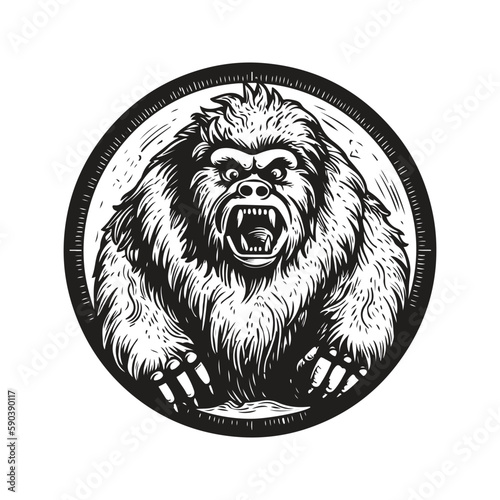 yeti, vintage logo concept black and white color, hand drawn illustration