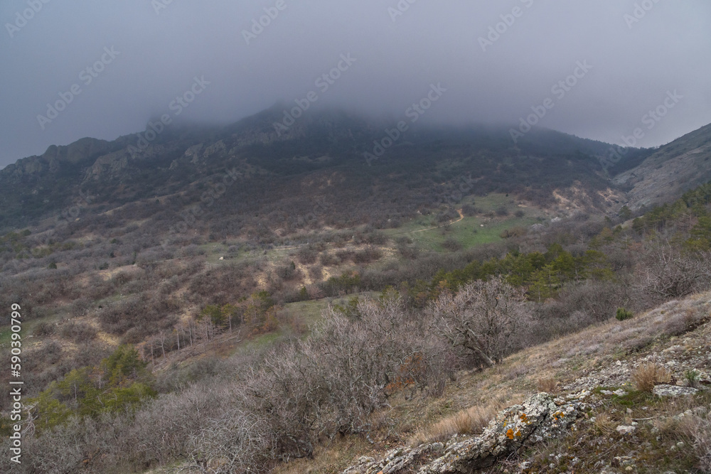 Fototapeta premium Landscape of Karadag Reserve in spring. View of mountains in fog and clouds. Crimea