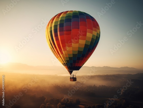 A single, colorful hot air balloon