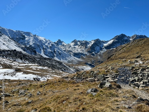 First autumn snow on the rocky peaks in the mountainous area of the Albula Alps and above the Dischma alpine valley, Zernez - Canton of Grisons, Switzerland (Kanton Graubünden, Schweiz)