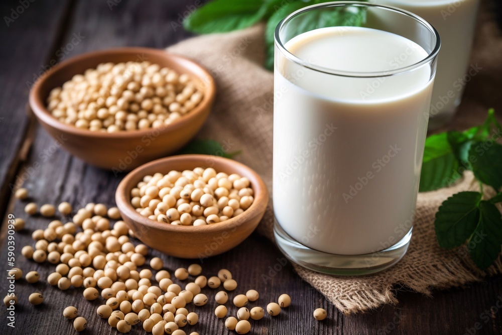 a glass of milk with wheat grain on wooden table a glass of milk with wheat grain on wooden table