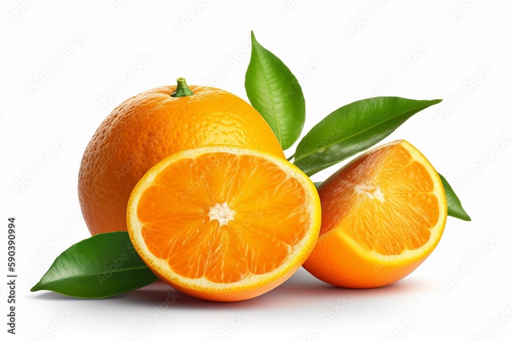 orange with leaves isolated on white