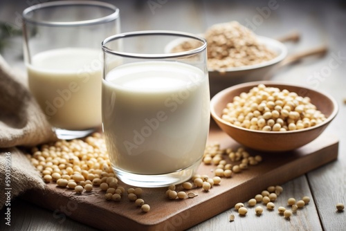 a glass of milk with wheat grain on wooden table