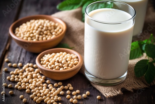 a glass of milk with wheat grain on wooden table