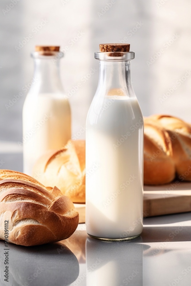 glass of milk and bread on the table