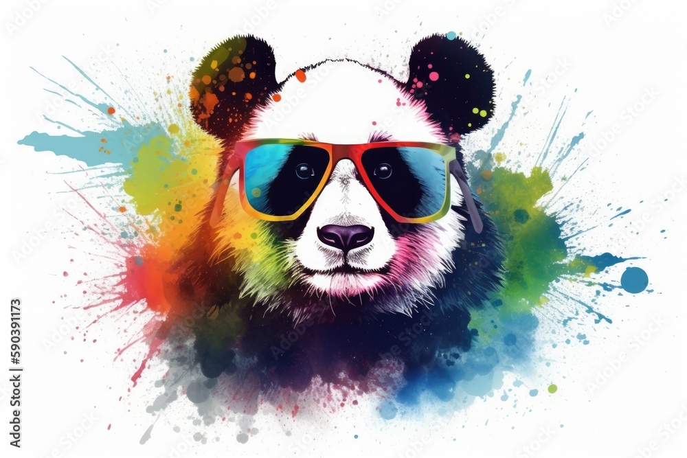 panda in sunglasses realistic with paint splatter abstract   