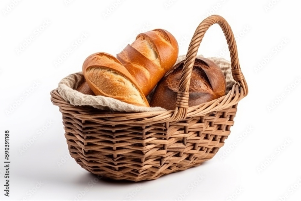 bread in basket isolated on white