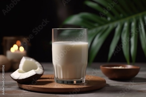 glass of milk with coconut on wooden board
