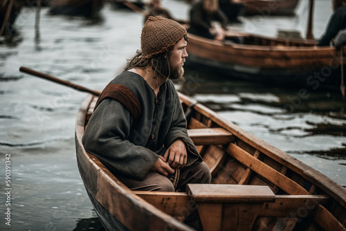 A man in a boat with long hair and a long beard sits in a boat. Generative Ai