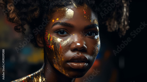 A woman with gold paint on her face, Generative Ai