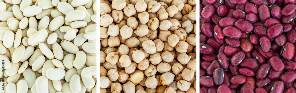 A variety of legumes with a scoop. White and red beans and chickpeas. Health and natural products. Collage, set. Close-up. Panorama format. A variety of legumes with a scoop. White and red beans and chickpeas. Health and natural products. Collage, set. Close-up. Panorama format.
