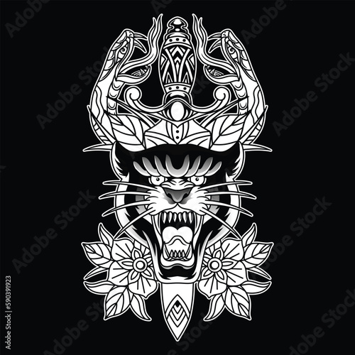 Dagger Pantera Tattoo Black and White Illustration