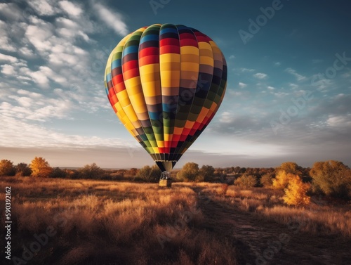 A single, colorful hot air balloon