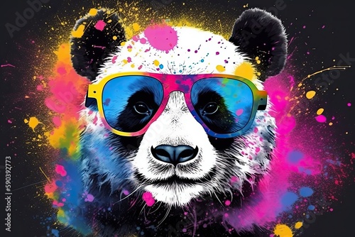 panda in sunglasses realistic with paint splatter abstract 