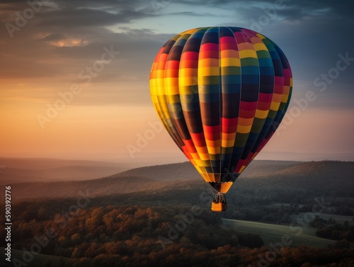A single, colorful hot air balloon