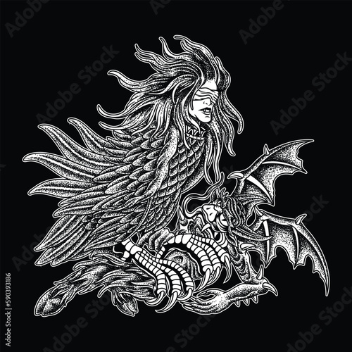 Siren - mythological creatures Black and White illustration