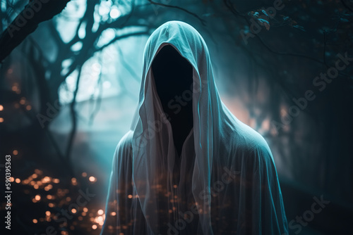 Mysterious scary lonely ghost faceless in a sheet in a foggy night forest, mystical misty illustration. Halloween theme, horror, afterlife. Generative AI