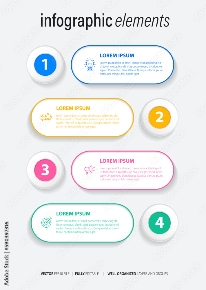 Concept of business model with 4 successive steps. Four colorful graphic elements. Timeline design for brochure, presentation. Infographic design layout
Concept of business model with 4 successive steps. Four colorful graphic elements. Timeline design for brochure, presentation. Infographic design layout