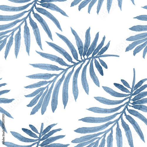 Vector floral seamless pattern from blue palm leaf silhouette with watercolor painted texture on a white background