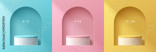 Set of 3D vector scene background with realistic yellow, blue and pink pedestal podium in arch window. Abstract minimal studio rooms. Mockup product display. geometric platforms. Stage for showcase.