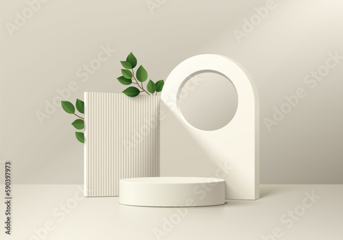 3D cream background with realistic cylinder pedestal podium. Green leaf decorate. Abstract minimal wall scene. Pastel mockup product display. Geometric platforms. Stage showcase. 3D vector rendering.