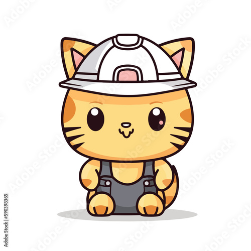 Mascot cartoon of cute smile cat building contractor wearing uniform and safety helmet. 2d character vector illustration in isolated background