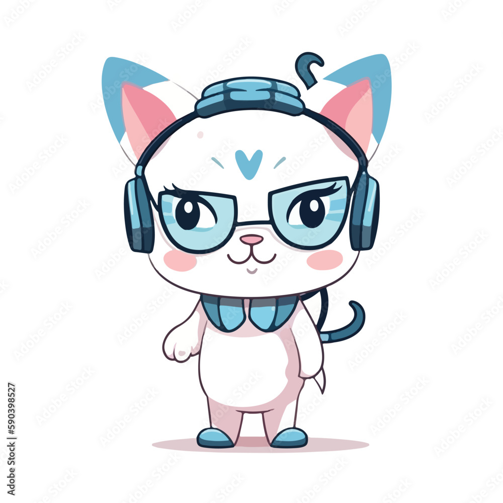Mascot cartoon of cute smile hipster happy cat wearing glasses and headphone. 2d character vector illustration in isolated background