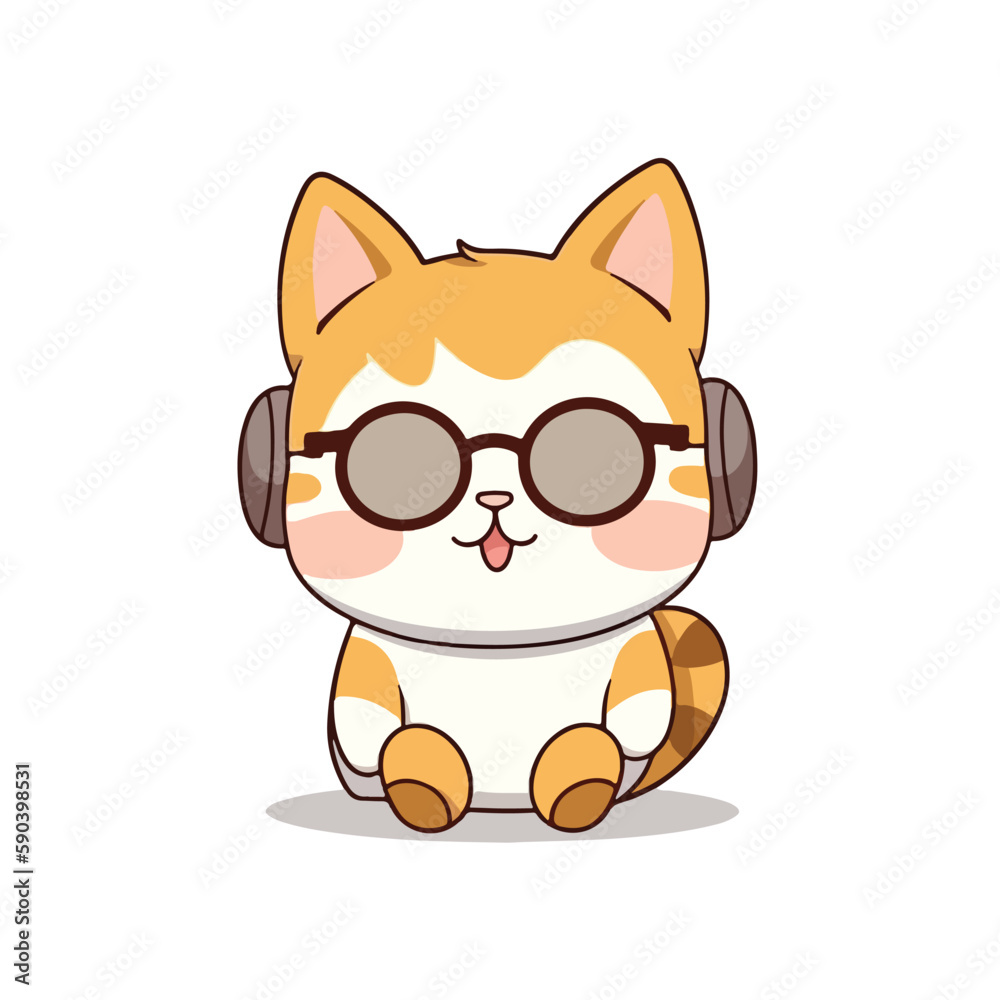Mascot cartoon of cute smile hipster happy cat wearing glasses and headphone. 2d character vector illustration in isolated background