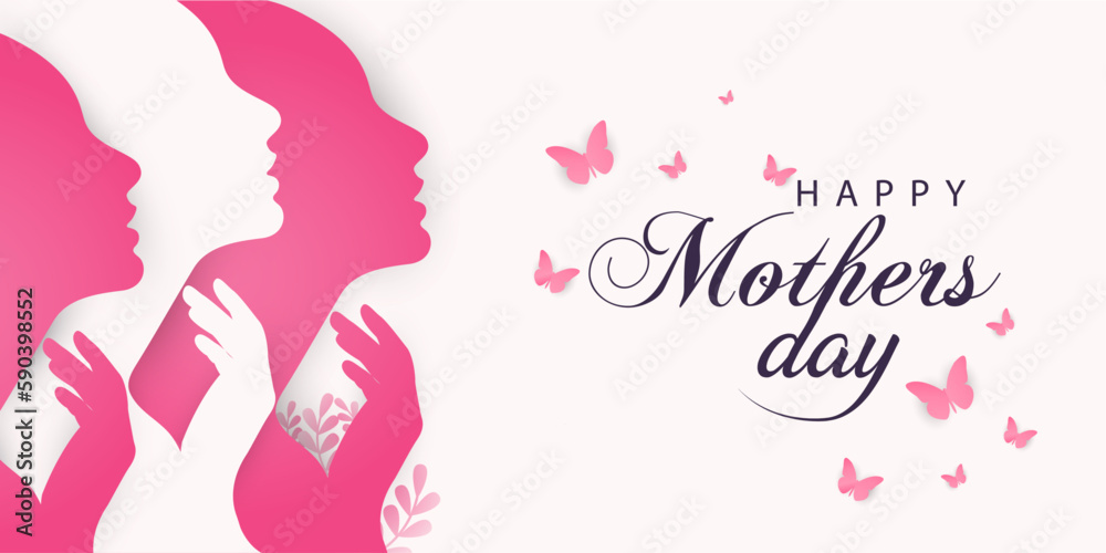 Mother's day greeting card. Vector banner with girl and flying pink Butterfly.