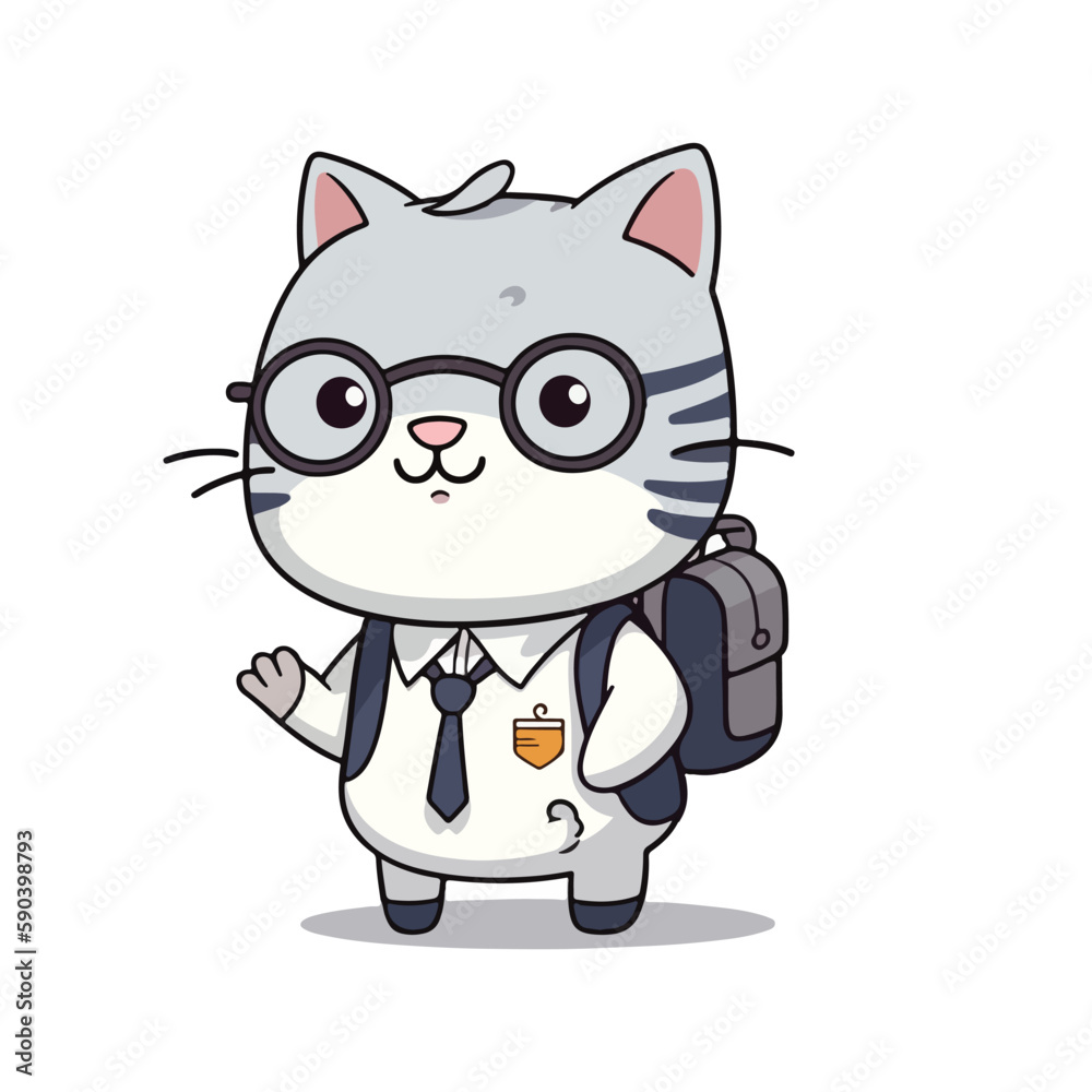 Mascot cartoon of cute smile cat kitten go to school wearing school bag. 2d character vector illustration in isolated background