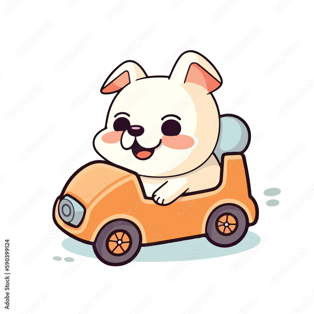 Mascot cartoon of cute smile puppy dog driving car. 2d character vector illustration in isolated background Mascot cartoon of cute smile puppy dog driving car. 2d character vector illustration in isolated background