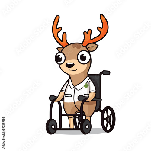 Mascot cartoon of deer doctor on wheel chair. 2d character of disability vector illustration in isolated background