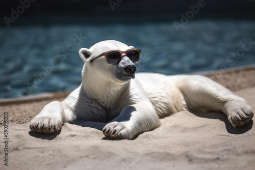 Surviving in a Warming World: Polar Bear Laying on the Beach. Generative ai.