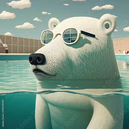 Dramatic Climate Change: Polar Bear Cooling Off in the Pool. Generative ai.