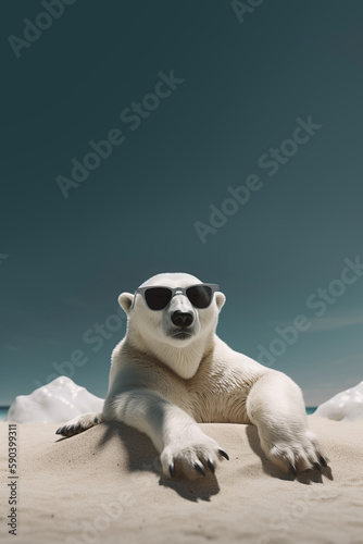 Adapting to Change: Polar Bear Sunbathes on the Beach Besides Melting Ice Amidst Climate Crisis. Generative ai.