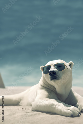  The Last Resort: Polar Bear Sunbathing With Glasses on the Beach. Generative ai.