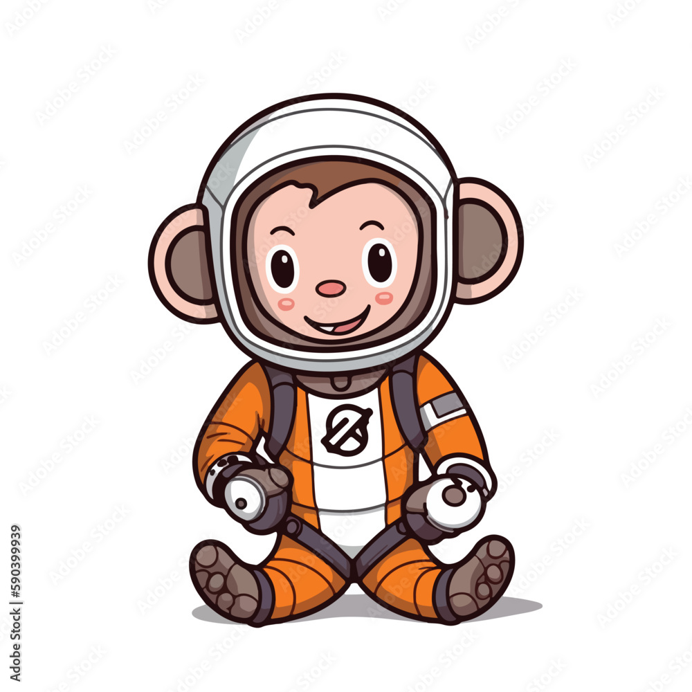 Mascot cartoon of cute smile happy monkey astronaut wear spacesuit and helmet. 2d character vector illustration in isolated background Mascot cartoon of cute smile happy monkey astronaut wear spacesuit and helmet. 2d character vector illustration in isolated background