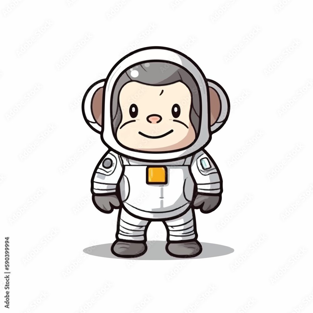 Mascot cartoon of cute smile happy monkey astronaut wear spacesuit and helmet. 2d character vector illustration in isolated background Mascot cartoon of cute smile happy monkey astronaut wear spacesuit and helmet. 2d character vector illustration in isolated background