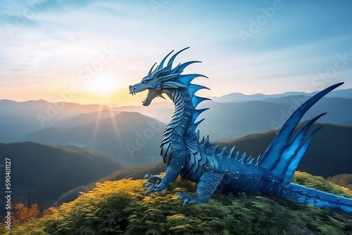 fantasy blue dragon on mountain landscape background © Maya Kruchancova