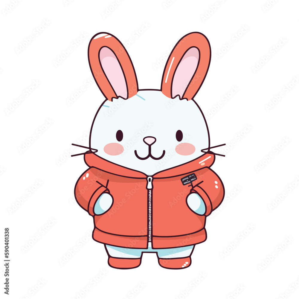 Mascot cartoon of cute smile rabbit wearing hoodie jacket. 2d character of disability vector illustration in isolated background Mascot cartoon of cute smile rabbit wearing hoodie jacket. 2d character of disability vector illustration in isolated background