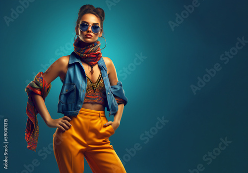 fashion woman colorful, the bold eclectic fashion styles of the Y2K era. dressed in the latest fashion trends of the time, including chunky shoes, low-rise pants, crop tops, and oversized sunglasses