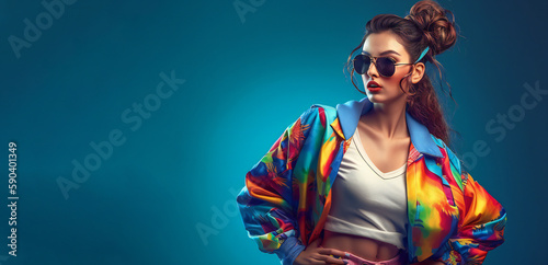 fashion woman colorful, the bold eclectic fashion styles of the Y2K era. dressed in the latest fashion trends of the time, including chunky shoes, low-rise pants, crop tops, and oversized sunglasses