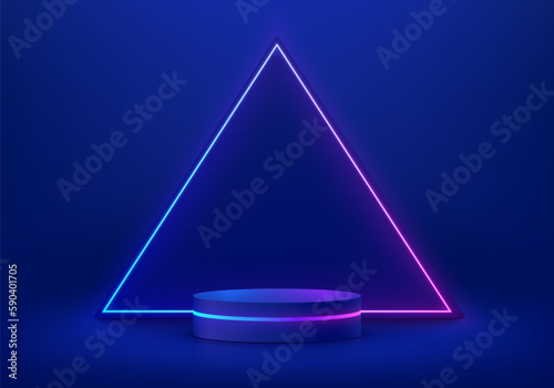 3D futuristic background with realistic dark blue cylinder podium. Neon lines in triangle shape wall scene. Minimal mockup product display. Abstract geometric stage for showcase. 3D vector rendering.