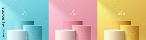 Set of 3D background with realistic yellow, blue, pink and white cylinder stand podium on pastel wall scene. Minimal mockup empty product display. Abstract vector 3D rendering. Round stage showcase.