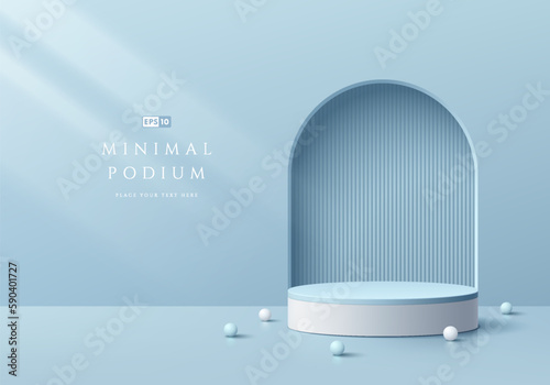 3D background with realistic white, blue cylinder podium. Vertical lines in arch gate wall scene. Pastel minimal mockup product display. Abstract geometric platforms. Stage showcase. 3D vector render.