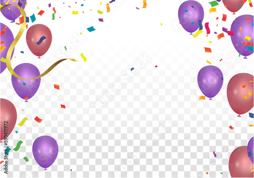 Balloons and confetti on a transparent background. Vector illustration.