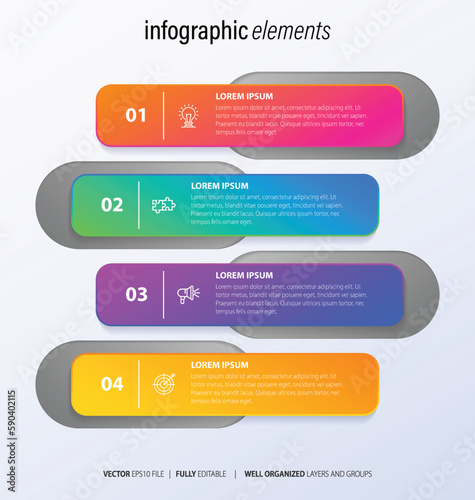 Concept of business model with 4 successive steps. Four colorful graphic elements. Timeline design for brochure, presentation. Infographic design layout 